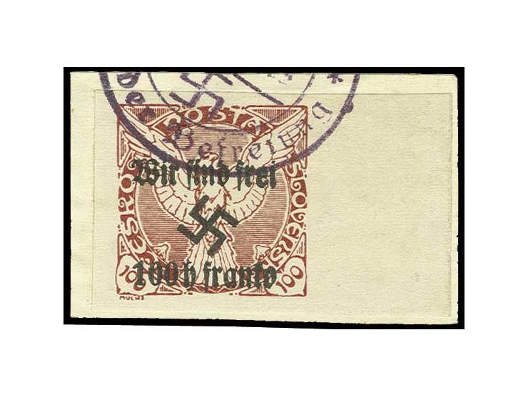 Stefanik 100 H. auf 100 H. braunrot mit rechtem Seitenrand mit Befreiungsstempel auf Briefstück, sign. Mahr BPP, Kabinett (ex