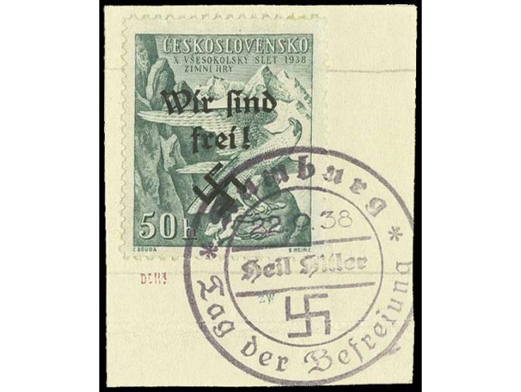Sokol-Winterspiele 50 H. mit Stempel "Rumburg 22.9.38" auf Briefstück, Kabinett, u.a. sign. Mahr BPP  (Mi. 2.500,-) (ex Samml
