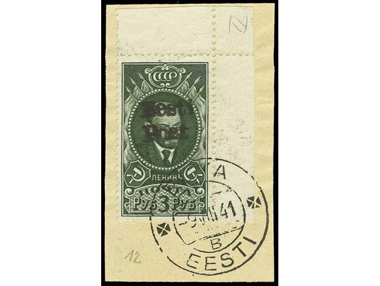 3 R. aus der rechten oberen Bogenecke mit Stempel "ELVA EESTI 9 VIII 41" auf Briefstück, Kabinett, sign. Krischke BPP (ex Sam