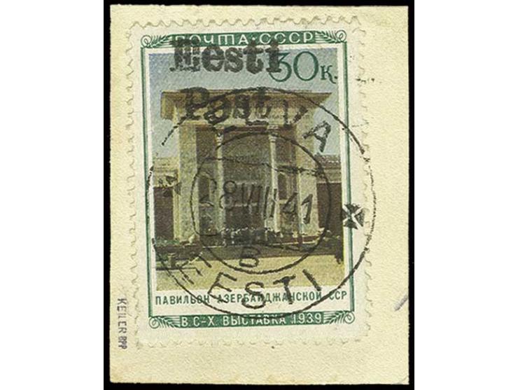 30 K. Aserbeidschanische SSR, mit Stempel "ELVA EESTI 28 VIII 41" auf Briefstück, oben rechts kleine Papieraufspaltung sowie 