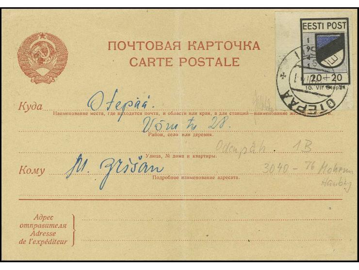 1941, geschnitten: 20 K., linkes unteres Eckrandstück mit Stempel "OTEPAA 5 VIII 41" auf beschrifteter Karte (diese mit senkr
