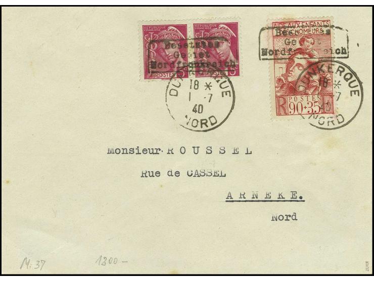 5 C. im Paar und 90 C. Arbeitslosenkinder mit Stempel "DUNKERQUE 1 7 40" auf Brief nach Arneke, Farbe der Sondermarke etwas a