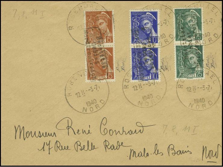 10, 15 und 25 C. in senkrechten Paaren mit Stempel "ROSENDAEL 12H -3 -7" auf Brief nach Malo les Bains mit Ank.-Stempel, sign
