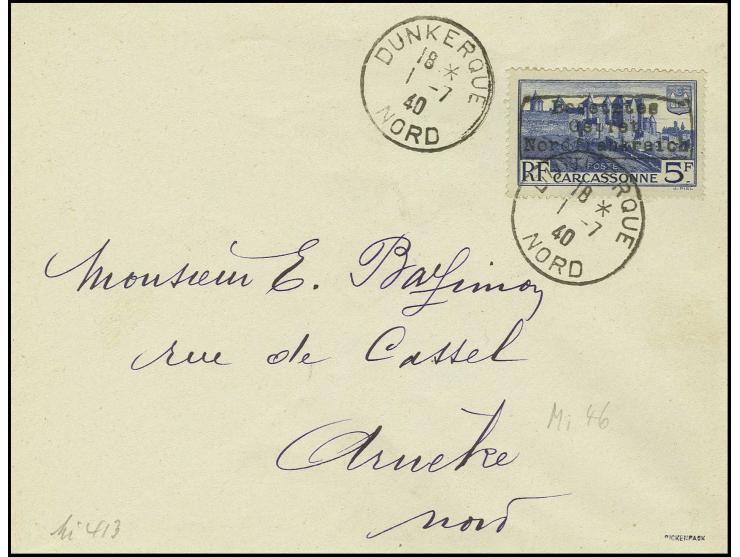 5 Fr. Carcasonne mit Stempel "DUNKERQUE 1 -7 40" auf Brief nach Arneke mit Ank.-Stempel, sign. Pickenpack mit Fotoattest, Kab