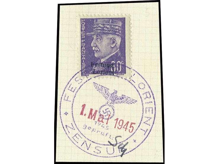 1945, 60 C. mit Stempel "FESTUNG LORIENT ZENSUR 1.Mai 1945" auf Briefstück, nebengesetzt die Paraphe des Zensuroffiziers Dr. 