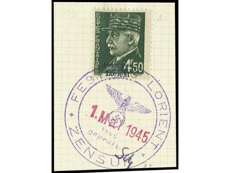 4.50 Fr. mit Stempel "FESTUNG LORIENT ZENSUR 1.Mai 1945" auf Briefstück, nebengesetzt die Paraphe des Zensuroffiziers Dr. Sch