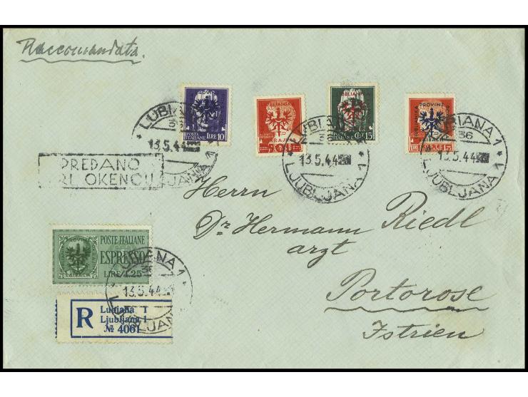 1944, 15 C., 1,75, 10 und 50 L. und Eilmarke 1,25 L. auf Zensur-R-Brief von "LUBIANA 13.5.44" nach Pola mit Ankunftsstempel (