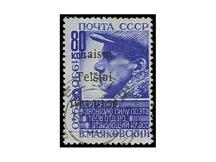 Majakowski 80 K.,  Aufdruck Type II, Feld 1, gestempelt "TELSIAI 12.IX.41", Fotoattest Krischke BPP, Kabinett (Mi. 1.920,-)