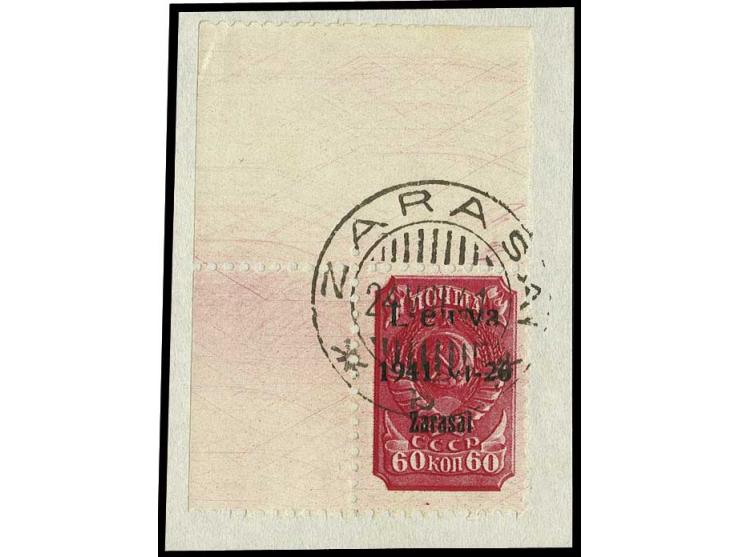 1941, schwarzer Aufdruck: 5-60 K. kpl., dabei 5 und 60 K. linke obere Eckrandstücke, jeweils auf Briefstück, Kabinett, sign. 