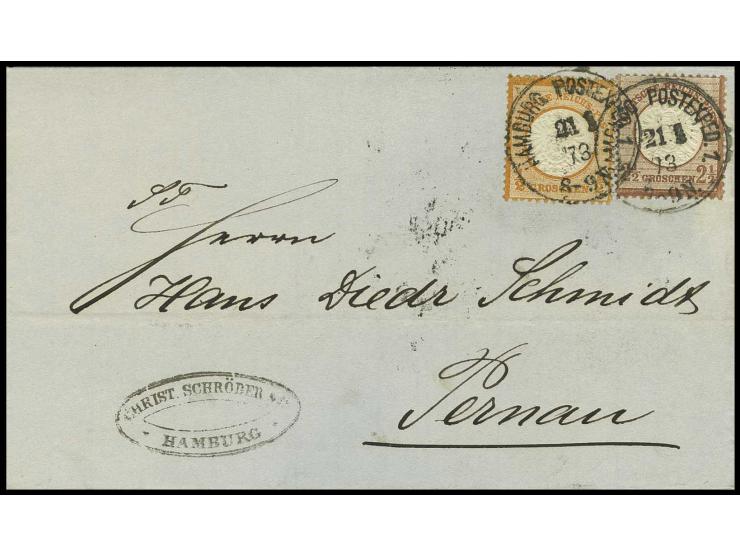 2 1/2 Groschen lilabraun und 1/2 Groschen orange mit EKr. "HAMBURG POSTEXPED.1./21 1 73" auf Faltbrief nach Pernau, Rußland, 