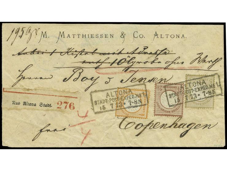 2 1/2 Groschen lilabraun, 1/2 Groschen orange und  Kleiner Schild 5 Groschen ockerbraun mit Ra3 "ALTONA/STADT-POST-EXPED. No.