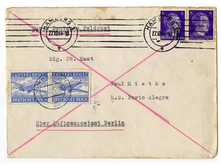 1942, Luftfeldpost-Zulassungsmarke durchstochen (2) und Hitler 6 Pfg. (2), gestempelt "HAMBURG 27.12.44" (Maschinen- und Hand