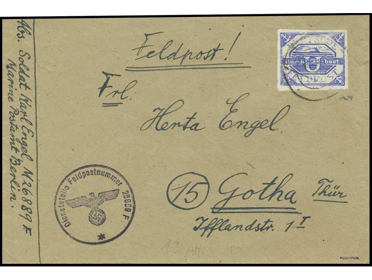 1945, U-Boot Hela blau mit Tarnstempel auf komplettem Brief nach Gotha, nebengesetzt Feldpoststempel "Dienststelle Feldpostnu