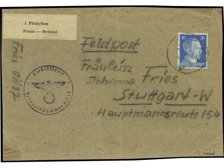 1943, Kuban-Zulassungsmarke in Type II auf kompletter Vorderseite mit 20 Pfg. Hitler, nebengesetzt Feldpoststempel "Dienstste