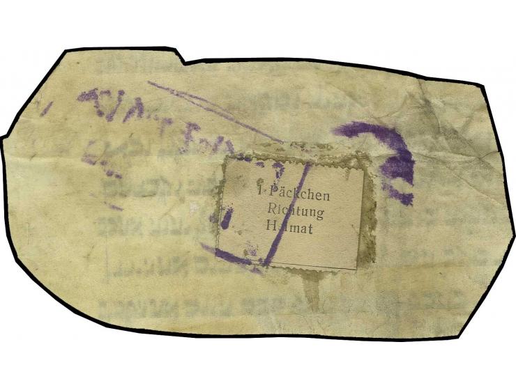 Krim-Päckchenmarke mit etwas unklarem violettem Ra.2 "Bei der Feldpost eingeliefert" auf großem Päckchenteil (Pergament mit r