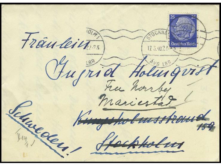 1940, Hindenburg 25 Pfg. mit stummem Stempel "12.III.40" auf Brief mit handschriftlichem Absender "Fp-Nr. L2110 Lgpa Frankfur