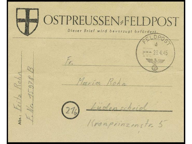OSTPREUSSEN-FELDPOST: 1945, Faltbrief mit Feldpost-Normstempel "d 28.4.45" nach Lüdenscheid, der Absender mit der Feldpost-Nr