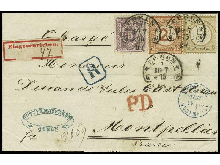 5 Groschen ockerbraun, 2 1/2 auf 2 1/2 Groschen braunorange und 1875, 5 Pfennig violett mit Hufeisenstempel "COELN 1/10 7 75"