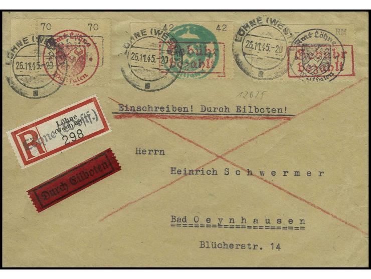 42 Pfg - 1 M. ohne rückseitigem Aufdruck auf Eil-R-Brief  von "LÖHNE 26.11.45" nach Bad Oeynhausen mit Ankunftsstempel, gute 