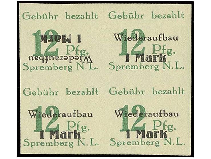 1946, Wiederaufbau 8 und 12 Pfg. gezähnt und geschnitten in postfrischen 4er-Blocks, dabei ein Wert mit kopfstehendem Aufdruc