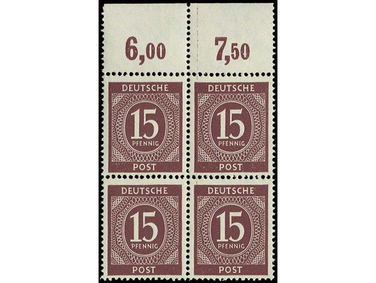 15 Pfg. bräunlichlila, Plattendruck-Oberrand-4er-Block mit durchgezähntem Oberrand, postfrisch, Fotoattest H.-D. Schlegel BPP