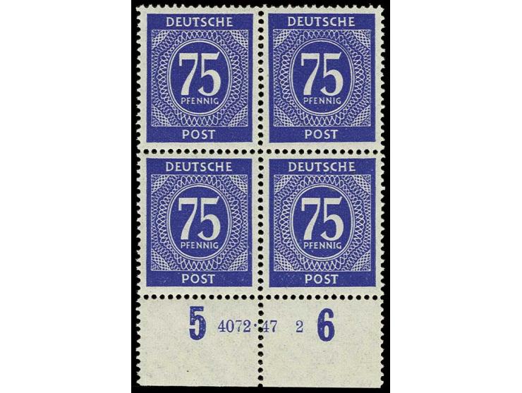 75 Pfg., zwei Unterrand-4er-Blocks mit HAN "4018.47/1" bzw. "4072.47/2", untere Paare postfrisch, obere mit Falz (Mi. 600,-)