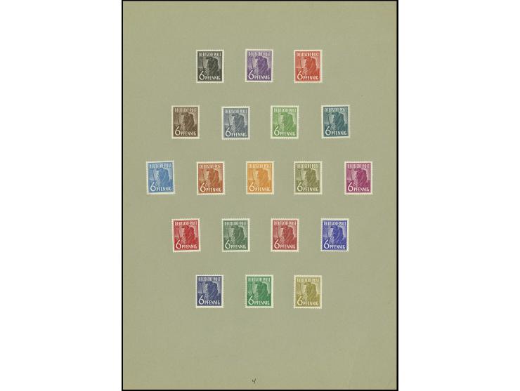 1947, Arbeiter 6 Pfg. zusammen mit 18 Probedrucken in unterschiedlichen, teils später für andere Wertstufen benutzten Farben,