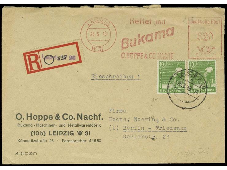 10 Pfg., 2 Stück mit Stempel "LEIPZIG 25.6.48" als Zusatz auf Firmenbrief mit Freistempler "820" (Pfg.) als 10fach-Frankatur-