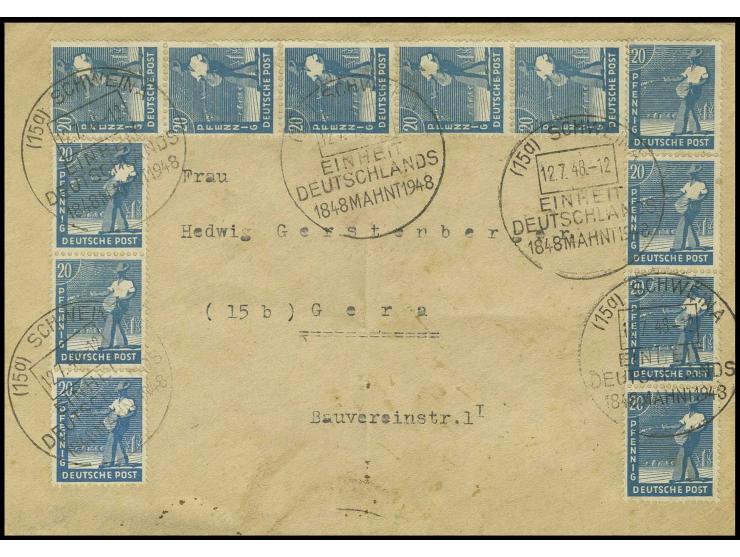 20 Pfg. grünlichblau, 11 Werte in Streifen und ein Wert 20 Pfg. blau mit Stempel "SCHWEINA 12.7.48" auf Brief nach Gera; von 