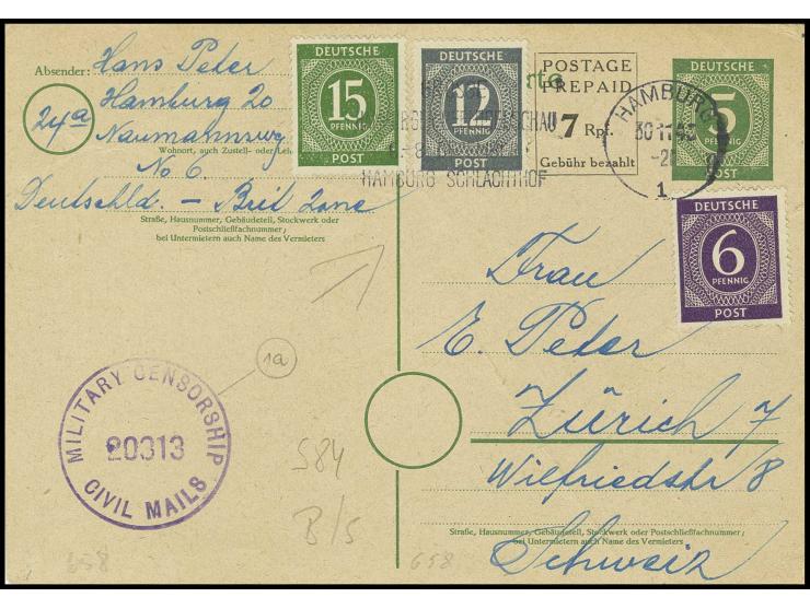 1946, Karte 7 neben 5 Pfg. (rechts kurzer Einriß) mit Zusatzfrankatur als portogerechte Karte von "HAMBURG 30.11.46" mit Beda