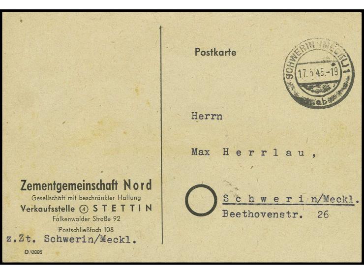 1945, Orts-Firmenkarte mit sehr frühem Datum "SCHWERIN 17.5.45" (der örtliche Postverkehr wurde am 16.5. wieder aufgenommen) 