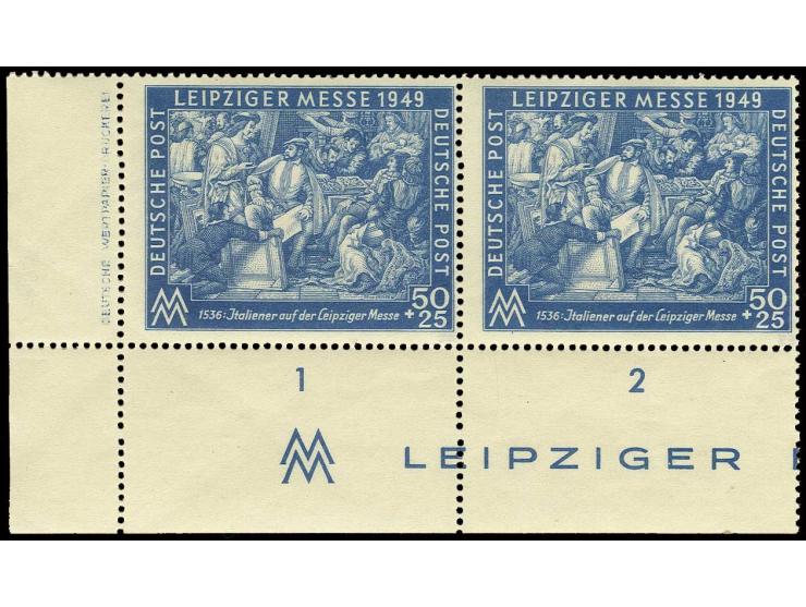 1949, Frühjahrsmesse 50 Pfg. dunkelkobalt im waagerechten Paar aus der linken unteren Bogenecke, dabei Eckrandmarke mit Druck