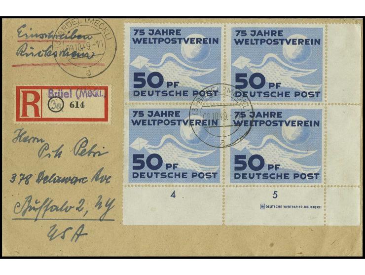 1949, UPU 50 Pfg. im 4er-Block aus der rechten unteren Bogenecke mit Druckvermerk, mit Ersttagsstempel "BRÜEL (MECKL) 09.10.4