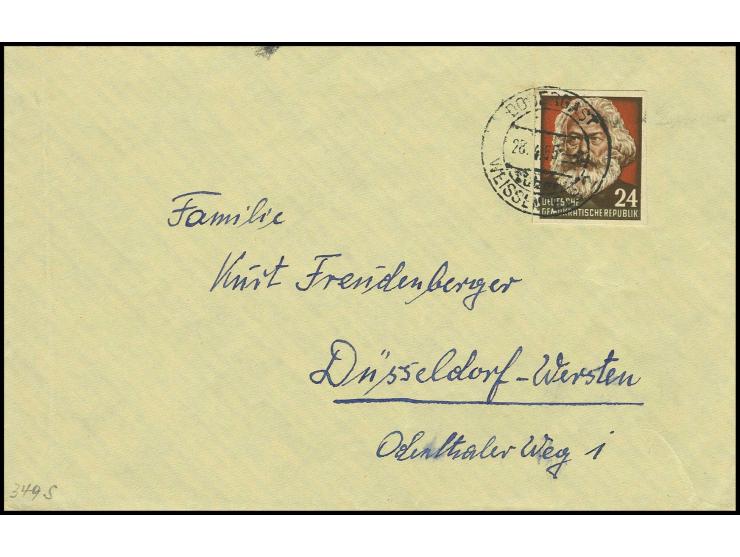 1953, Marx 24 Pfg. ungezähnt auf Kartonpapier (aus Gedenkheft) auf Brief von "DOBERGAST 28.4.55" nach Düsseldorf