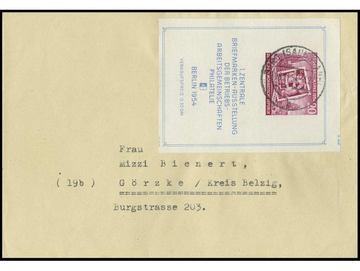 1954, Briefmarkenausstellungsblock auf geripptem Papier auf Brief von "BURG (SACHS-ANH) 10.11.54" nach Görzke, Umschlag klein