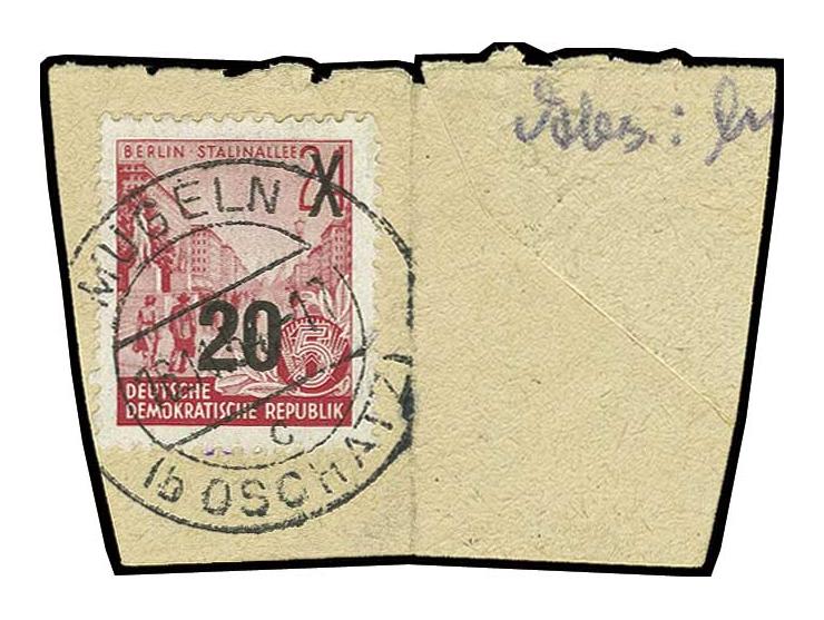 Fünfjahrplan 20 auf 24 Pfg., Urdruck mit glänzendem Aufdruck, auf Briefstück mit Stempel "MÜGELN 16.11.54, eine Zahnspitze et