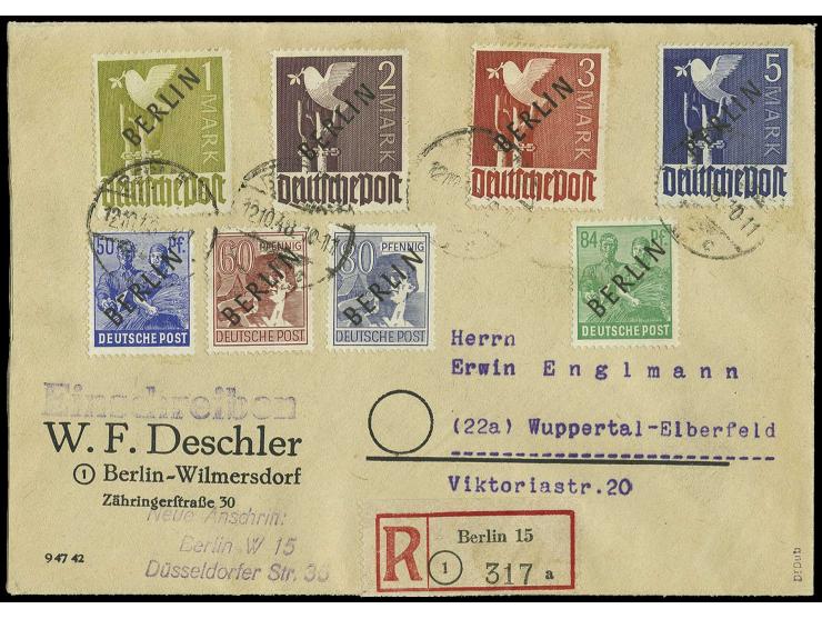 2 Pfg.-5 M. kpl. auf zwei R-Briefen von "BERLIN 15/12.10.48" nach Wuppertal mit Ankunftsstempel, gute Erhaltung (Mi. 3.000,-+