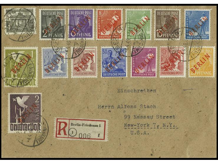 2 Pfg.-2 M. kpl. mit Bauten 1 Pfg. auf R-Brief von "BERLIN-FRIEDENAU 4.4.49" nach USA mit Ankunftsstempel, sehr gute Erhaltun