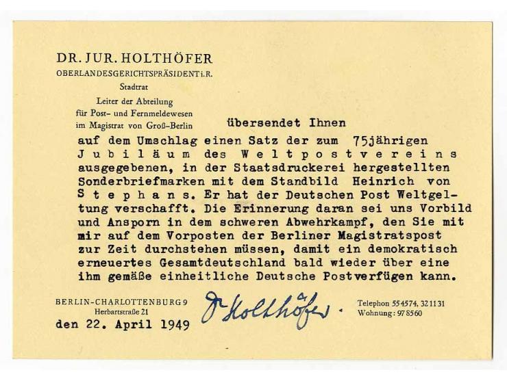 Stephan 12 Pfg.-2 M. kpl. mit Stempel "BERLIN-CHARLOTTENBURG 22.4.49" auf Umschlag mit Absenderanschrift Dr. Holthöfer und in