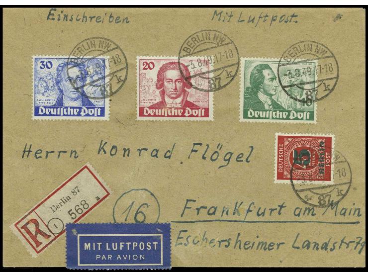 10-30 Pfg. kpl. mit Grünaufdruck 5 Pfg. auf portogerechtem R-Flugbrief von "BERLIN 87/3.8.49" nach Frankfurt mit Ankunftsstem