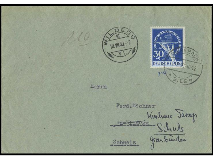 30 Pfg., portogerechte Einzelfrankatur auf Brief von "MORSBACH/SIEG 8.7.50" in die Schweiz mit vorderseitigem Ankunftsstempel