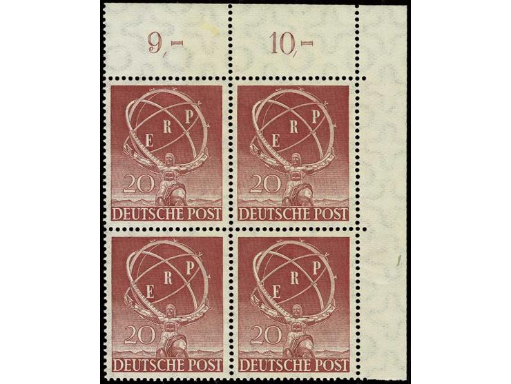 1950, ERP 20 Pfg. im 4er-Block aus der rechten oberen Bogenecke, postfrisch, im Oberrand kleines Fleckchen (Mi. 480,-)