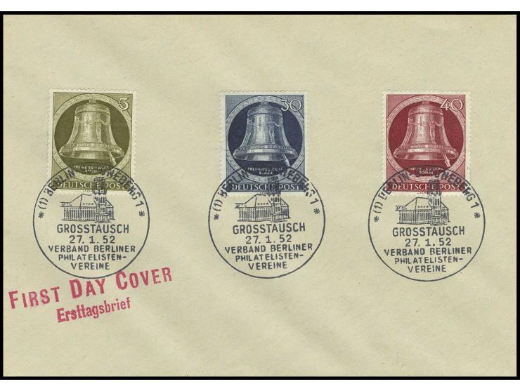 1951, Glocke II 5-40 Pfg. kpl. mit Ersttags-Sonderstempel "BERLIN-SCHÖNEBERG GROSSTAUSCH 23.12.51" bzw. "27.1.52" auf zwei Bl