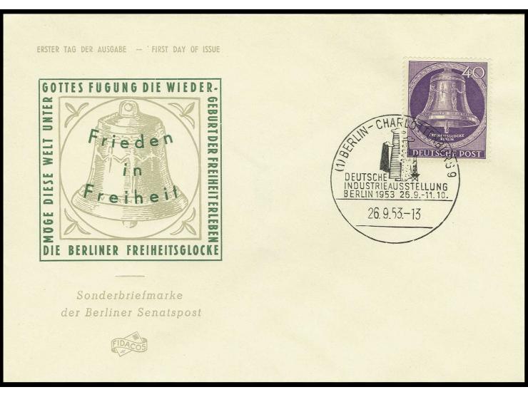 1953, Glocke III 5-40 Pfg. kpl. auf 5 illustrierten FDC's in tadelloser Erhaltung (Mi. 470,-)