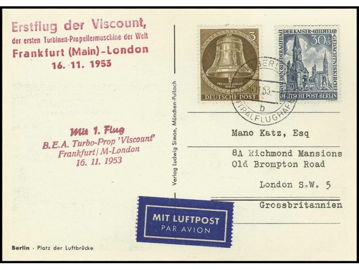 30 Pfg. und Glocke 5 Pfg., gestempelt "BERLIN 16.11.53" auf Erstflugkarte Frankfurt/Main-London, sign. Schlegel D. BPP