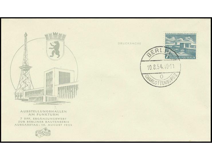 1954, Freimarken 7 und 40 Pfg. auf illustriertem bzw. amtlichem FDC (Mi. 500,-)