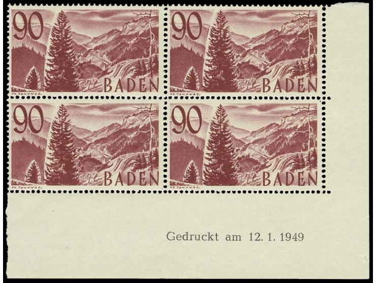 1948, 3. Ausgabe 90 Pfg. im rechten unteren Eckrand-4er-Block mit Druckdatum "12.1.1949", postfrisch, leichte Gummiknitter