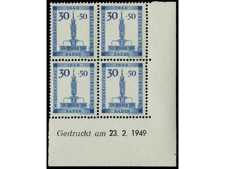 1949, Freiburg 4-30 Pfg. kpl. in 4er-Blocks aus der rechten unteren Bogenecke mit kpl. Druckdaten, postfrisch (Mi. 450,-)