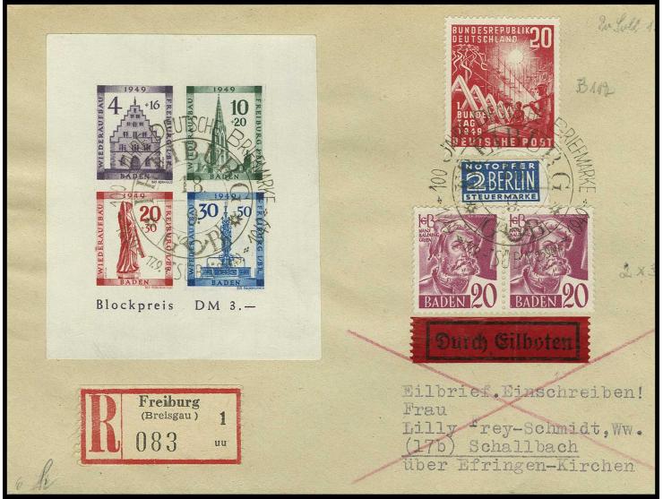 dito, mit jeweils Zusatzfrankatur, u.a. Bund Bundestag 10 und 20 Pfg., entwertet mit Sonderstempel "FREIBURG 100 JAHRE BRIEFM