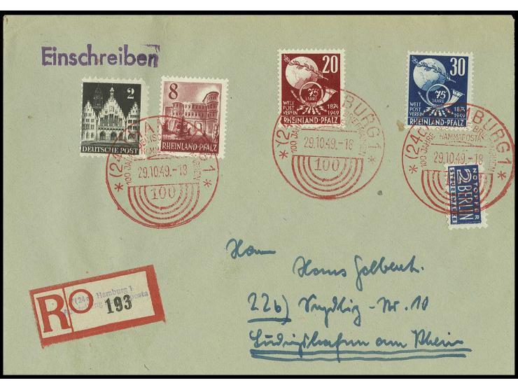 1948, 3. Ausgabe 8 Pfg. mit Zusatzfrankatur, u.a. Mi.-Nr. 41-52, entwertet mit rotem Sonderstempel "HAMBURG 100 JAHRE BRIEFMA